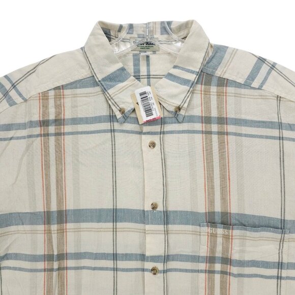 NWT GUESS Vintage Plaid Shirt Linen Cotton Blend Short Sleeve Size XL